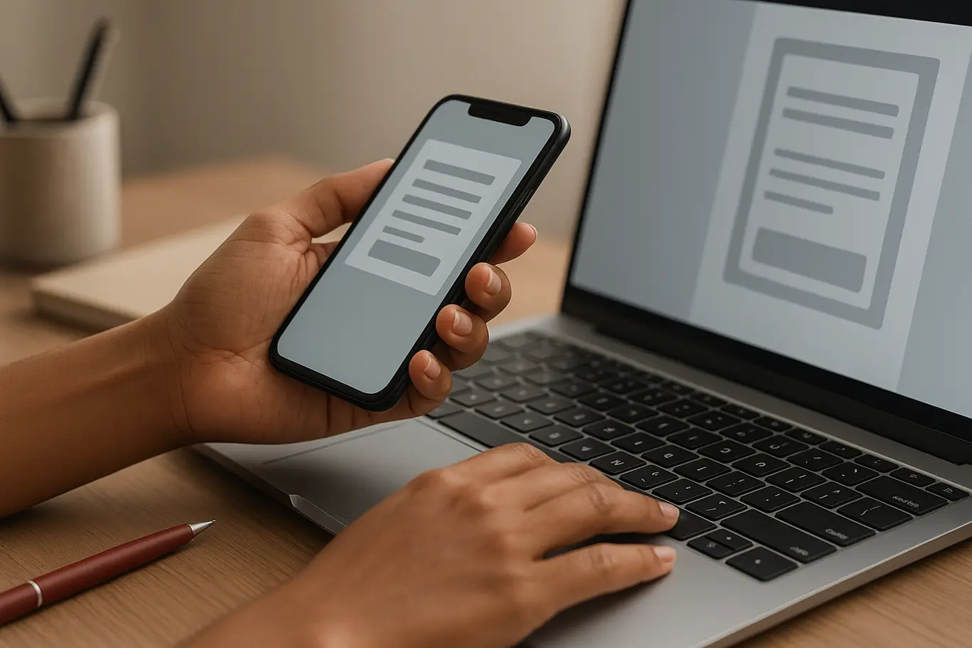 Close-up de mãos brasileiras em teclado e smartphone com miniatura de documento genérico