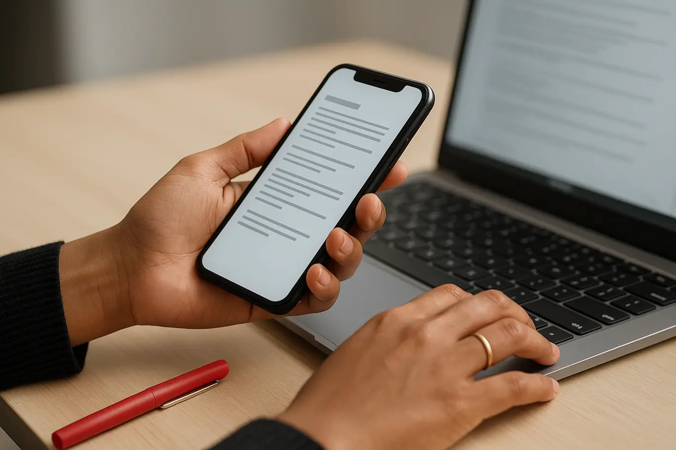 Close-up de mãos interagindo com smartphone e teclado, documento digital na tela.