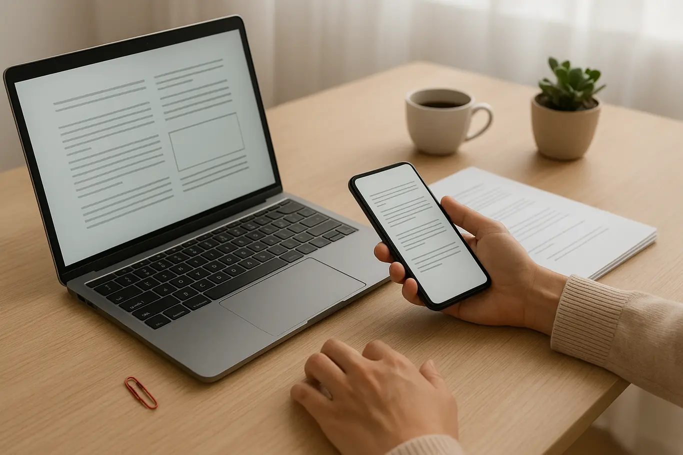 Workspace minimalista com notebook e smartphone mostrando layouts de documento, detalhes neutros e acento vermelho