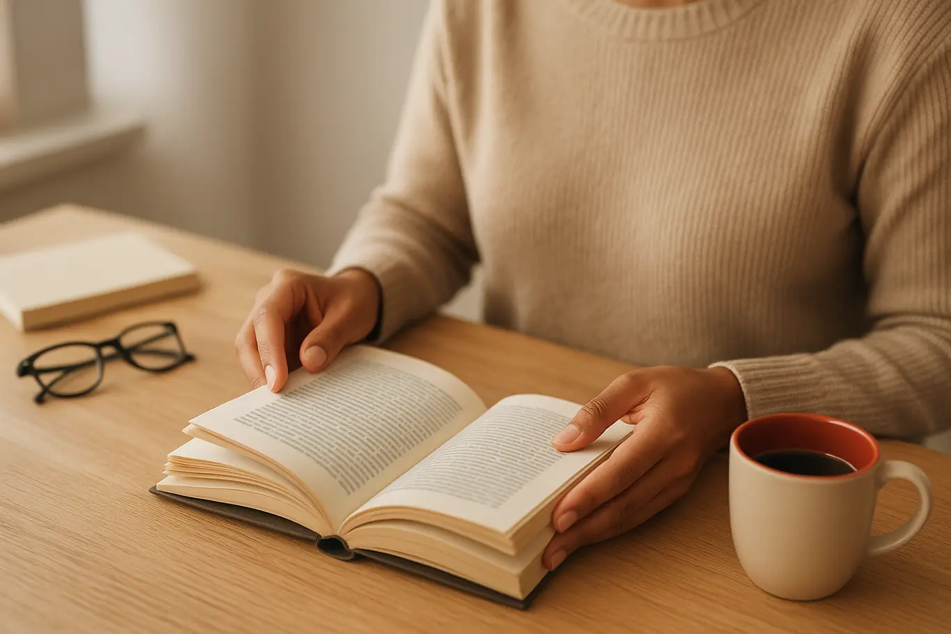 Pessoa de três quartos segurando um livro aberto em mesa com xícara de café
