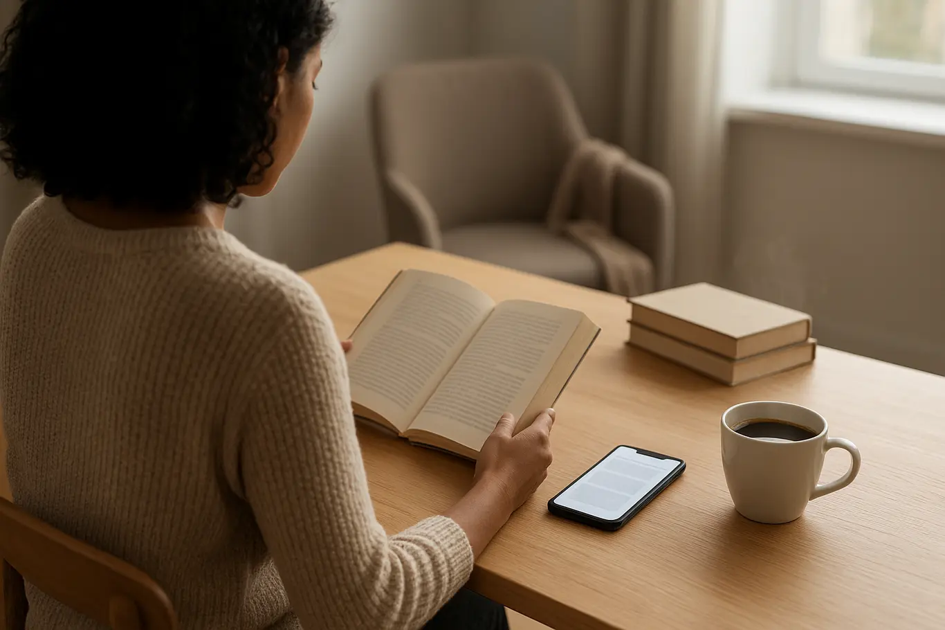 Workspace com livro aberto, pilha de livros e smartphone ao lado sobre mesa de madeira