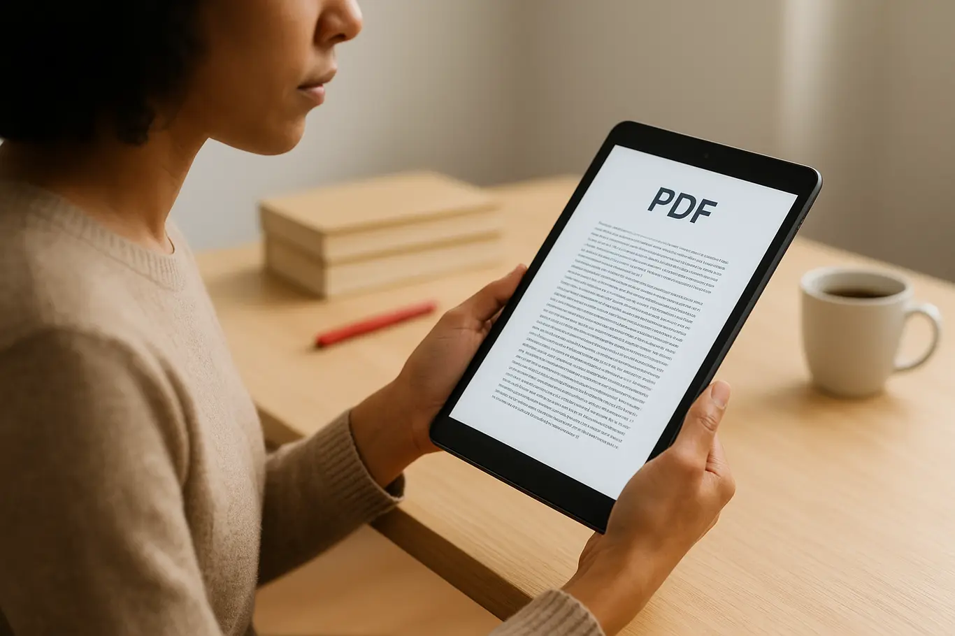 Pessoa de perfil segurando tablet com documento em PDF, mesa com livros e café ao fundo