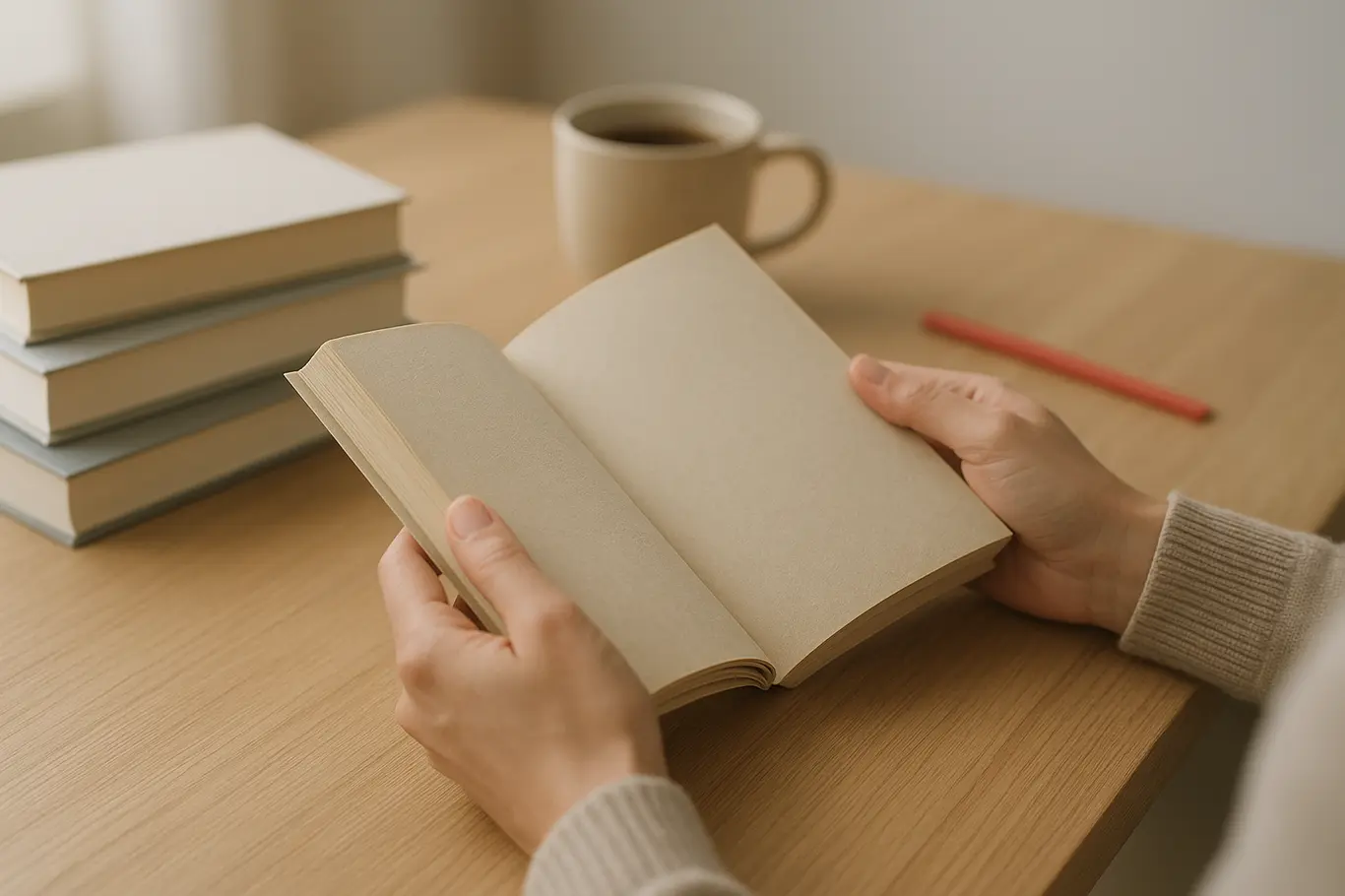 Mãos segurando livro sobre mesa com pilha de livros e café, plano médio editorial