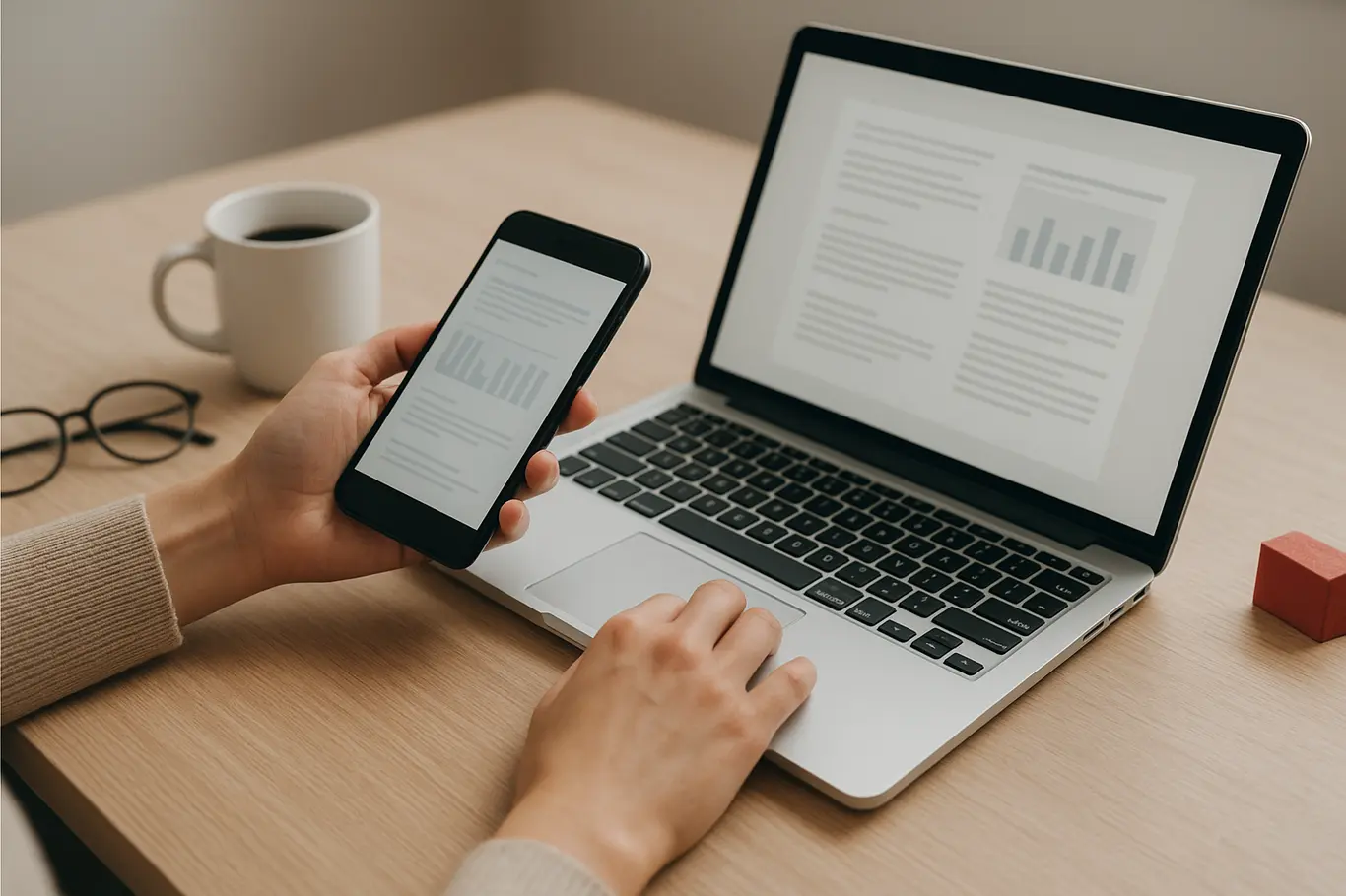 Mesa com notebook e smartphone mostrando documentos desfocados, mãos interagindo, ambiente organizado
