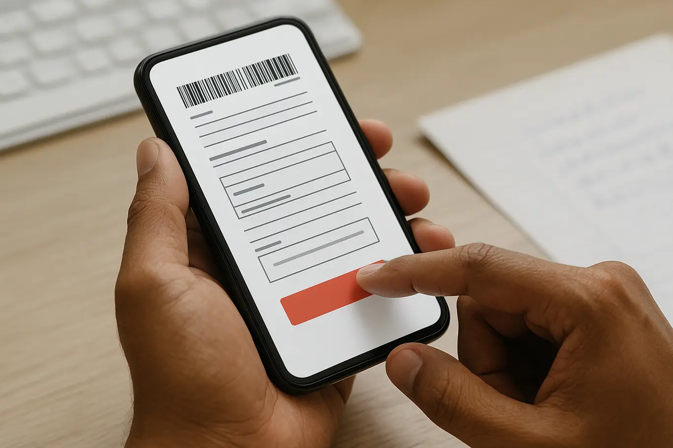 Close-up das mãos tocando smartphone com PDF de boleto genérico