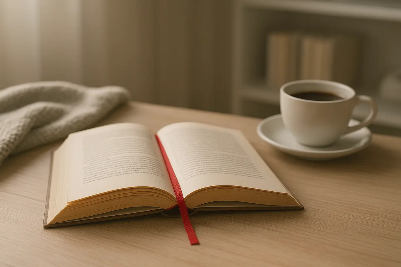 Livro aberto em mesa de madeira com xícara de café e marcador vermelho ao fundo