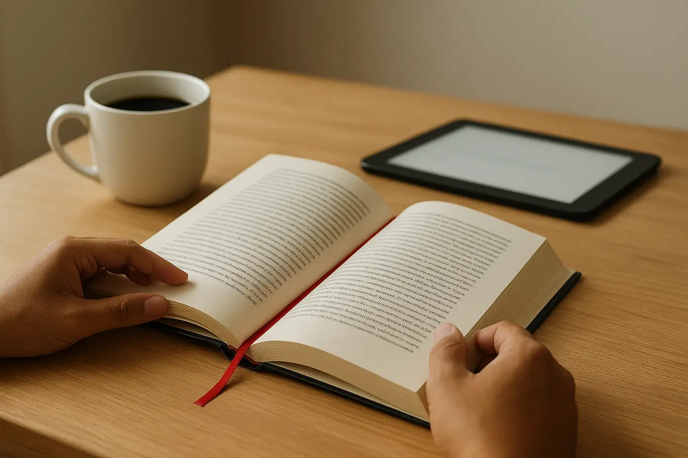 Mesa de leitura com livro aberto, marcador vermelho e tablet desfocado, ambiente acolhedor