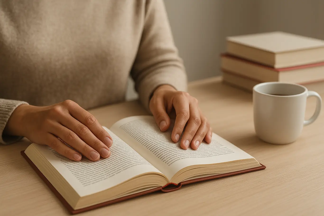 Mãos folheando livro sobre mesa clara, marcador vermelho e pilha de livros ao fundo.