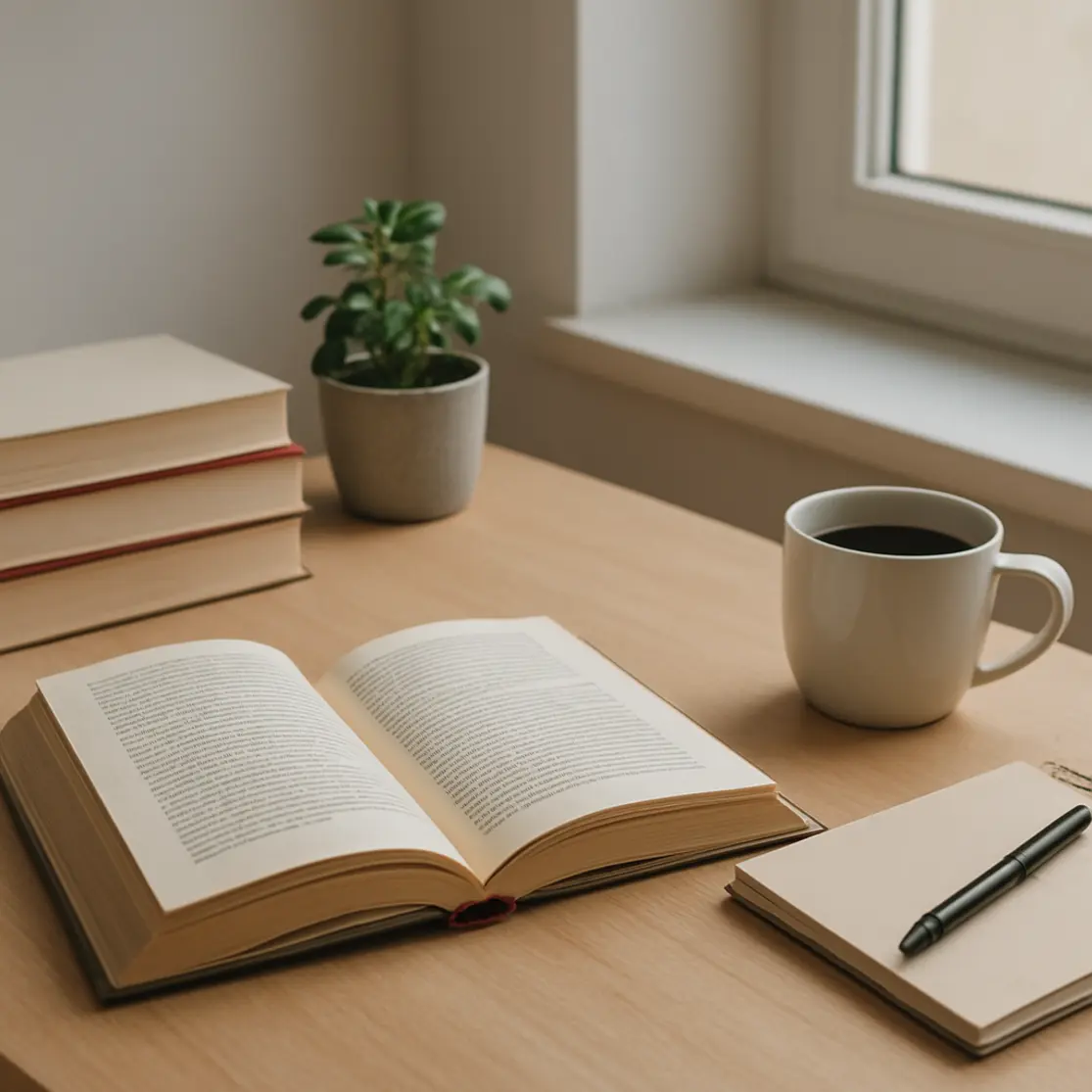 Ambiente de leitura com livro aberto, pilha de livros, caderno e xícara de café perto de uma janela.