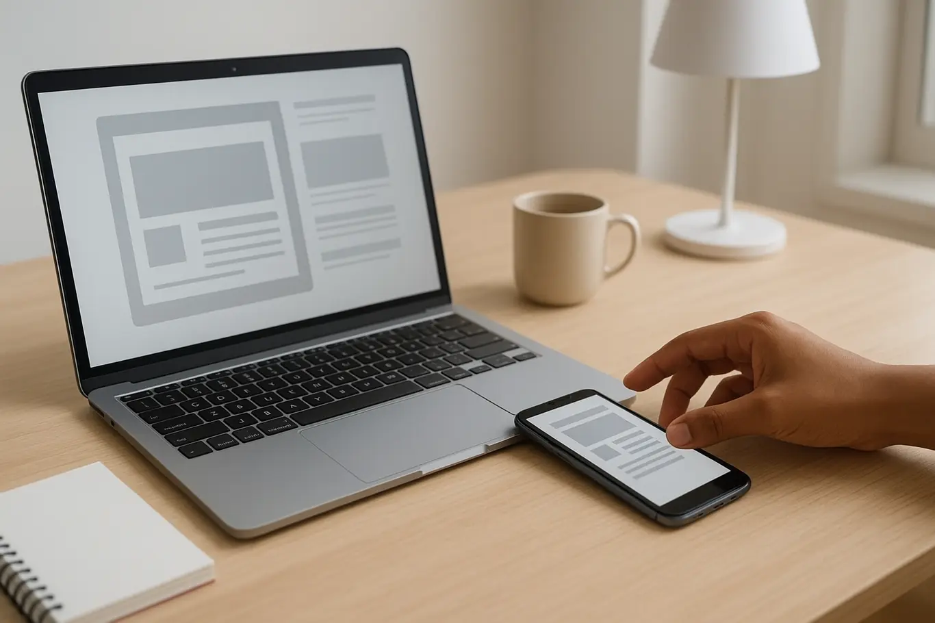 Workspace com notebook e smartphone mostrando documentos abstratos