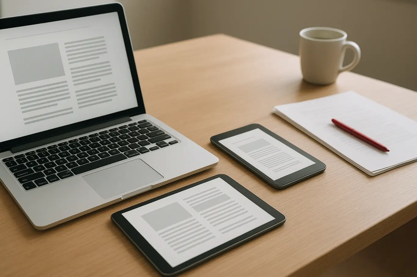 Workspace aberto com múltiplos dispositivos exibindo documentos genéricos e papéis sobre mesa clara