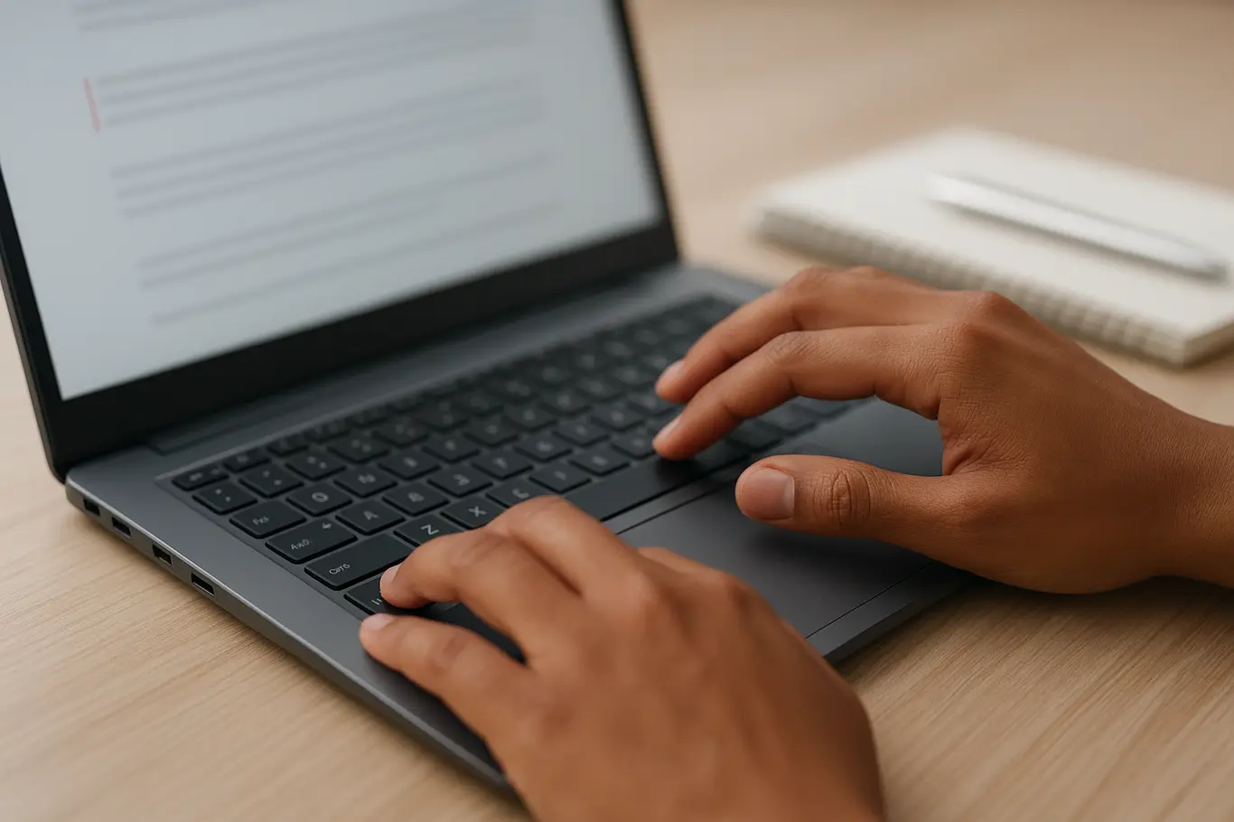 Close-up de mãos brasileiras digitando atalho no teclado com tela de PDF desfocada e marcador vermelho sem texto.