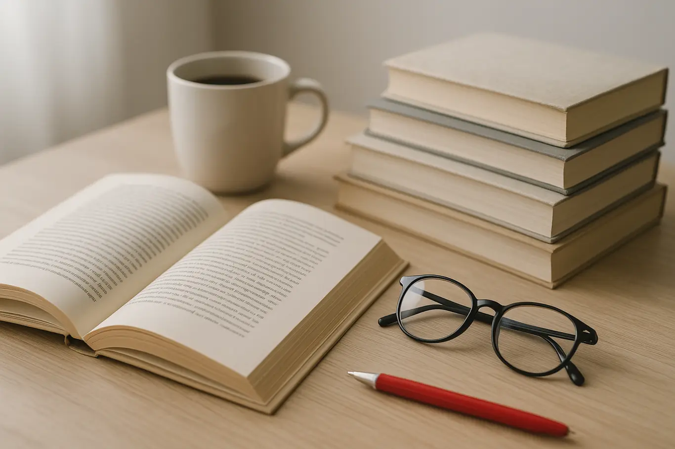 Mesa de madeira com livro aberto, pilha de livros, xícara de café e óculos, visão em 3/4