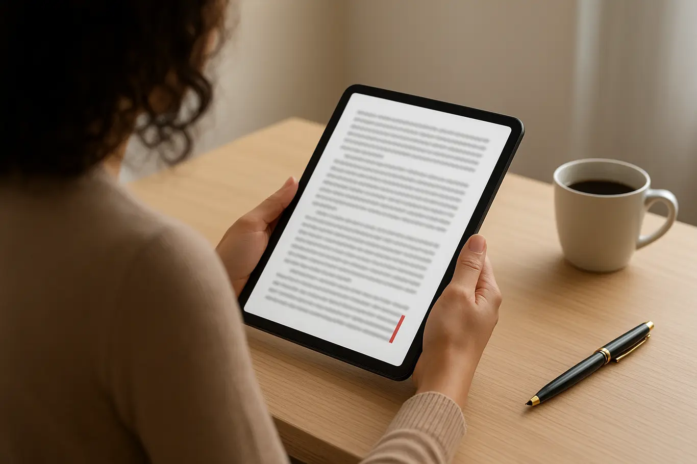Pessoa segurando tablet com documento desfocado em mesa limpa