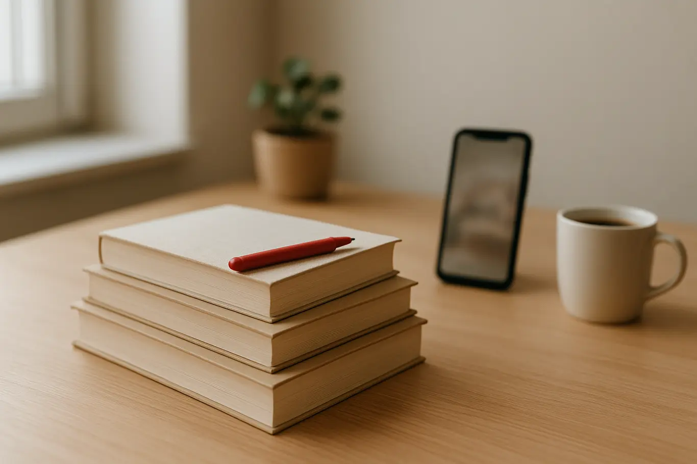 Mesa com pilha de livros, marcador vermelho e smartphone em workspace minimalista com luz natural
