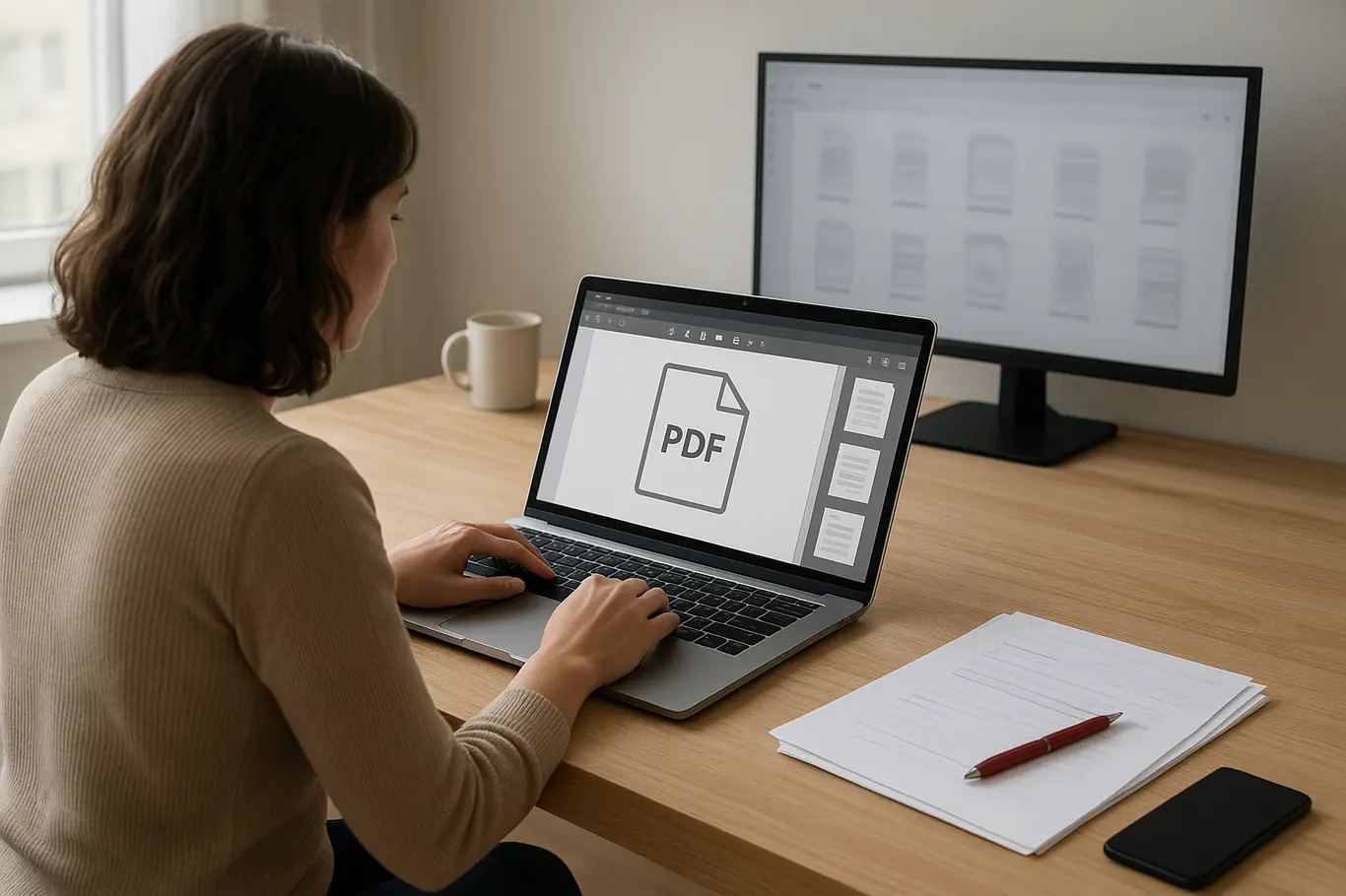 Workspace amplo com notebook, smartphone e pessoa de costas trabalhando em documentos desfocados