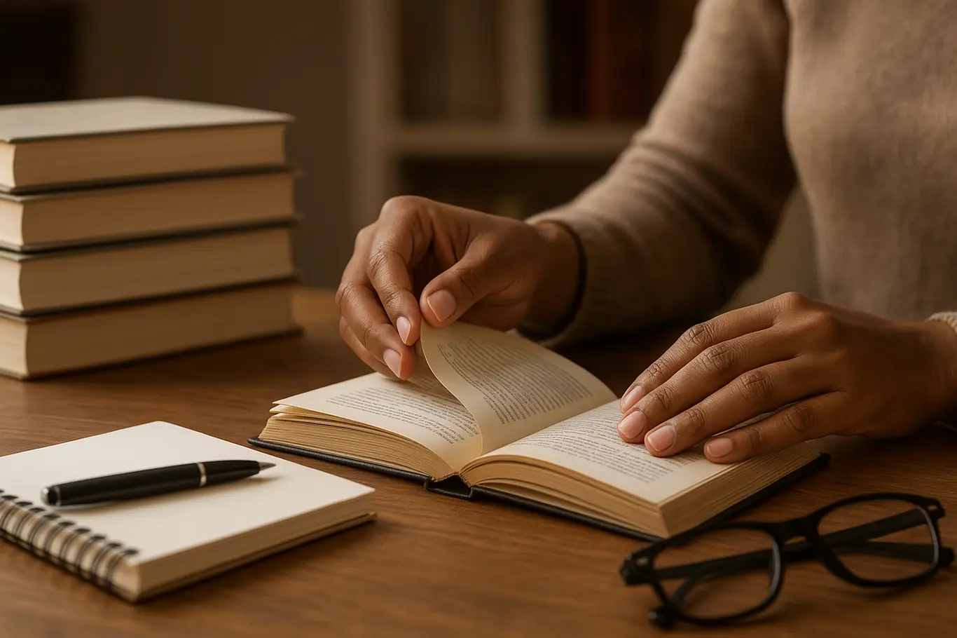 Mãos virando página de livro, pilha de livros e bloco de notas em mesa clara