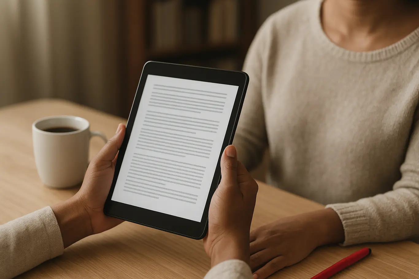 Pessoa segurando tablet com documento genérico, leitura de resumo em PDF, ambiente de mesa claro