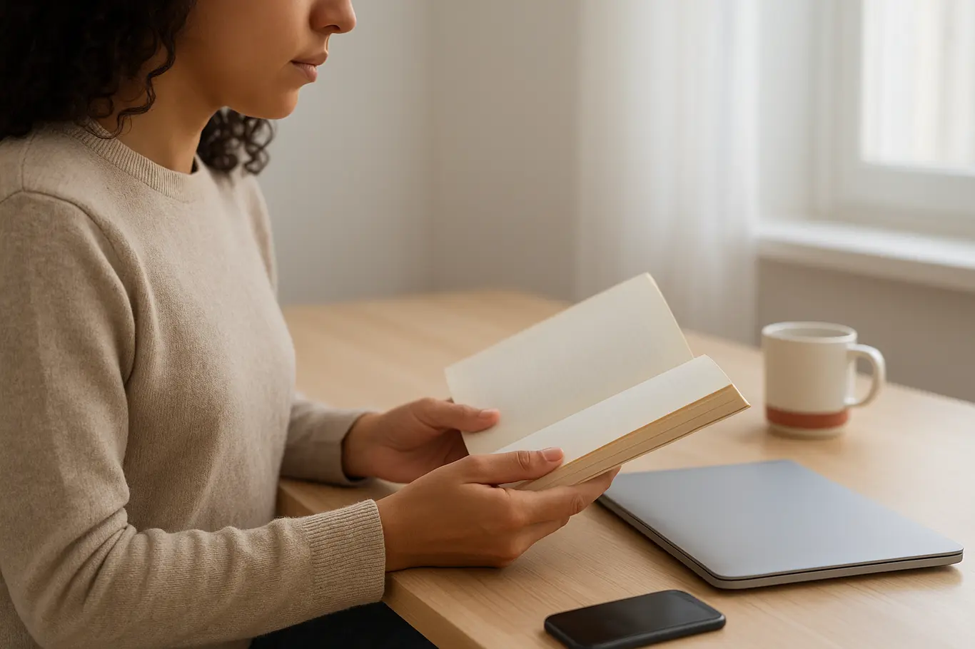 Pessoa lendo livro de lado em mesa minimalista com caneca vermelha ao lado