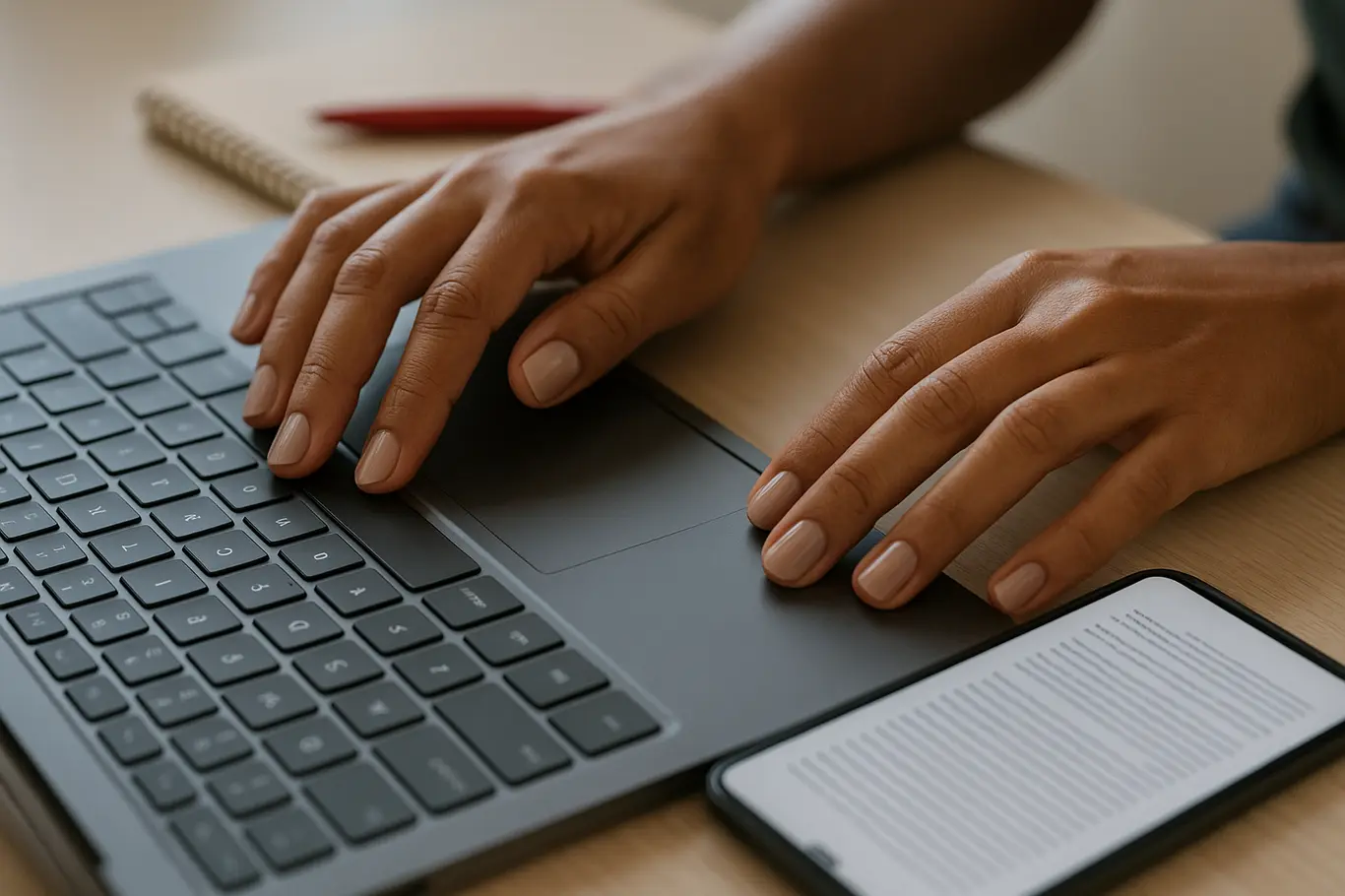 Close-up de mãos digitando em teclado com smartphone ao lado mostrando PDF
