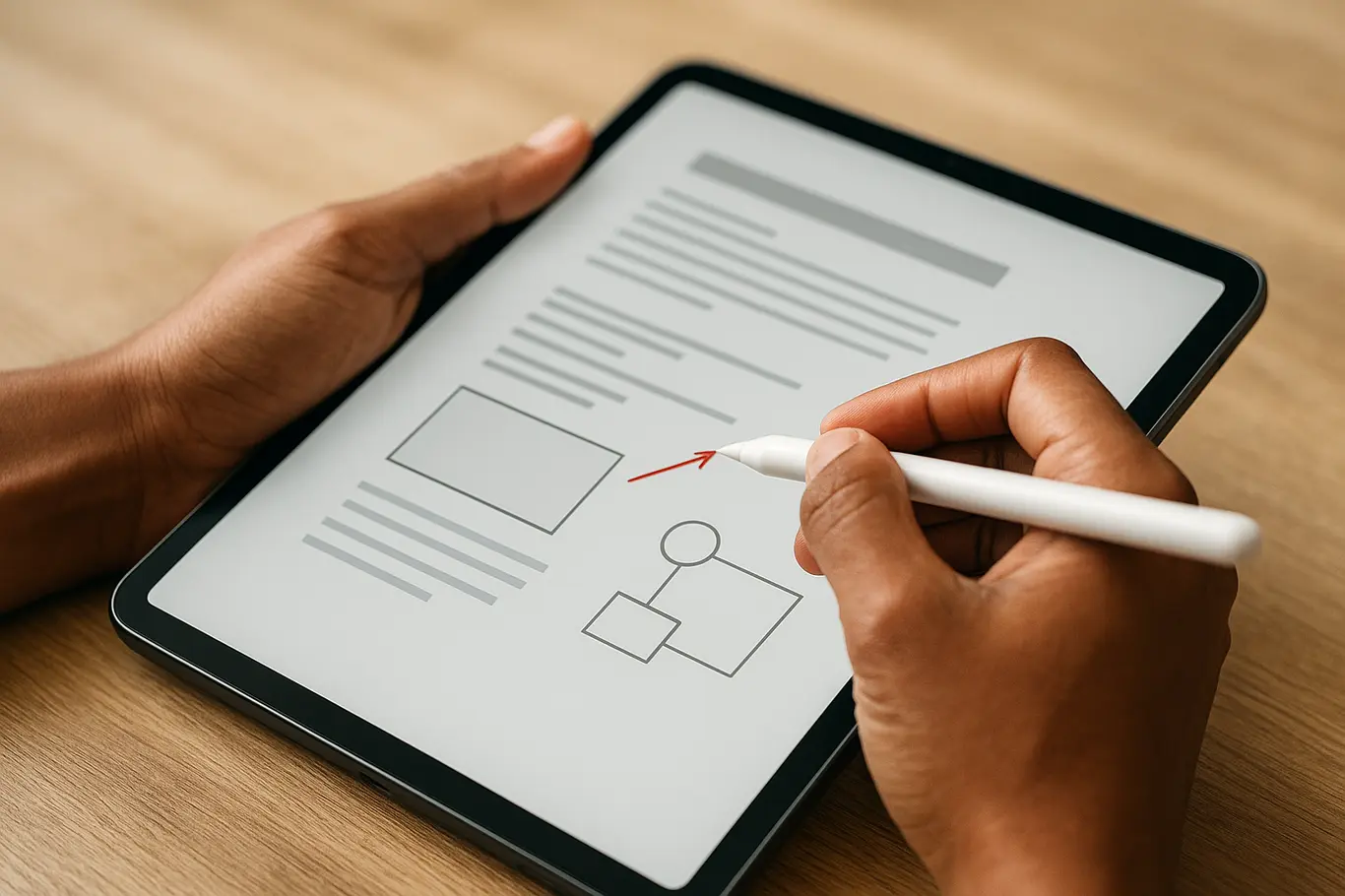 Close-up de mãos usando stylus em tablet para desenhar e anotar documento PDF