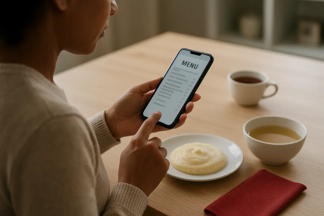 Pessoa consultando cardápio em PDF no smartphone com prato leve à frente, ambiente doméstico neutro
