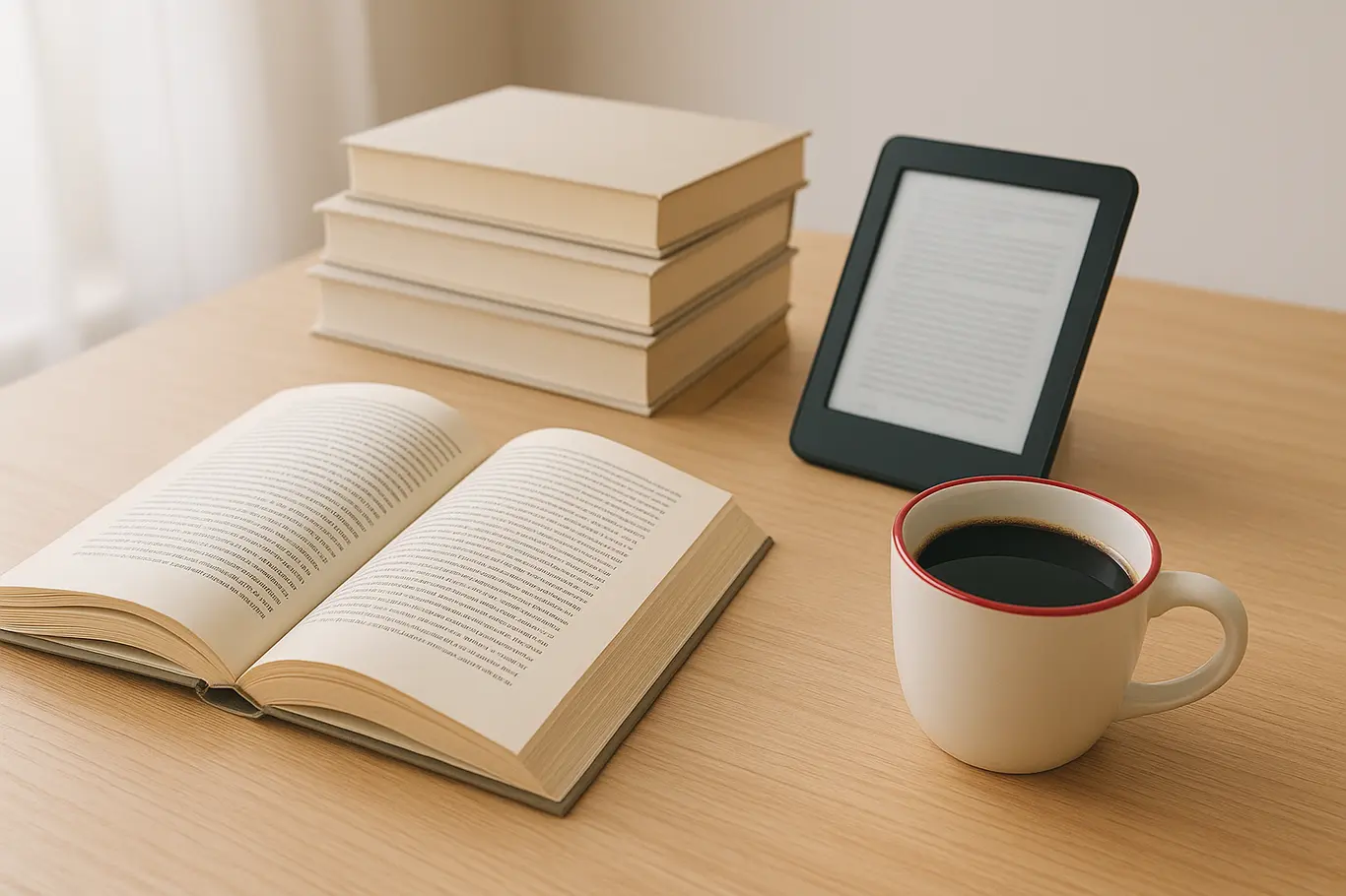 Mesa de leitura com livro aberto, pilha de livros, e-reader com tela desfocada e xícara de café com borda vermelha, luz natural.
