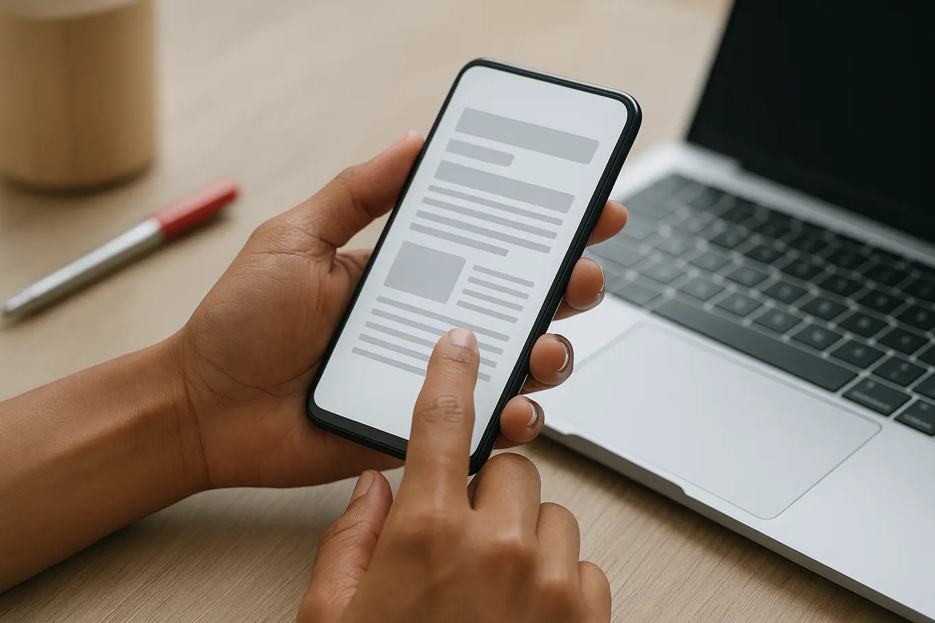 Close-up de mãos brasileiras tocando smartphone com resumo de PDF, teclado desfocado ao fundo