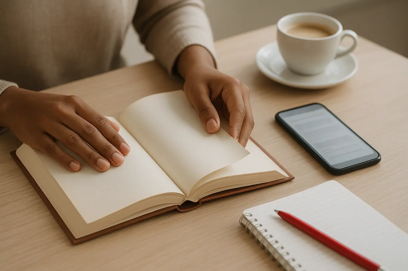 Plano médio de mãos folheando livro aberto em mesa com smartphone e caderno