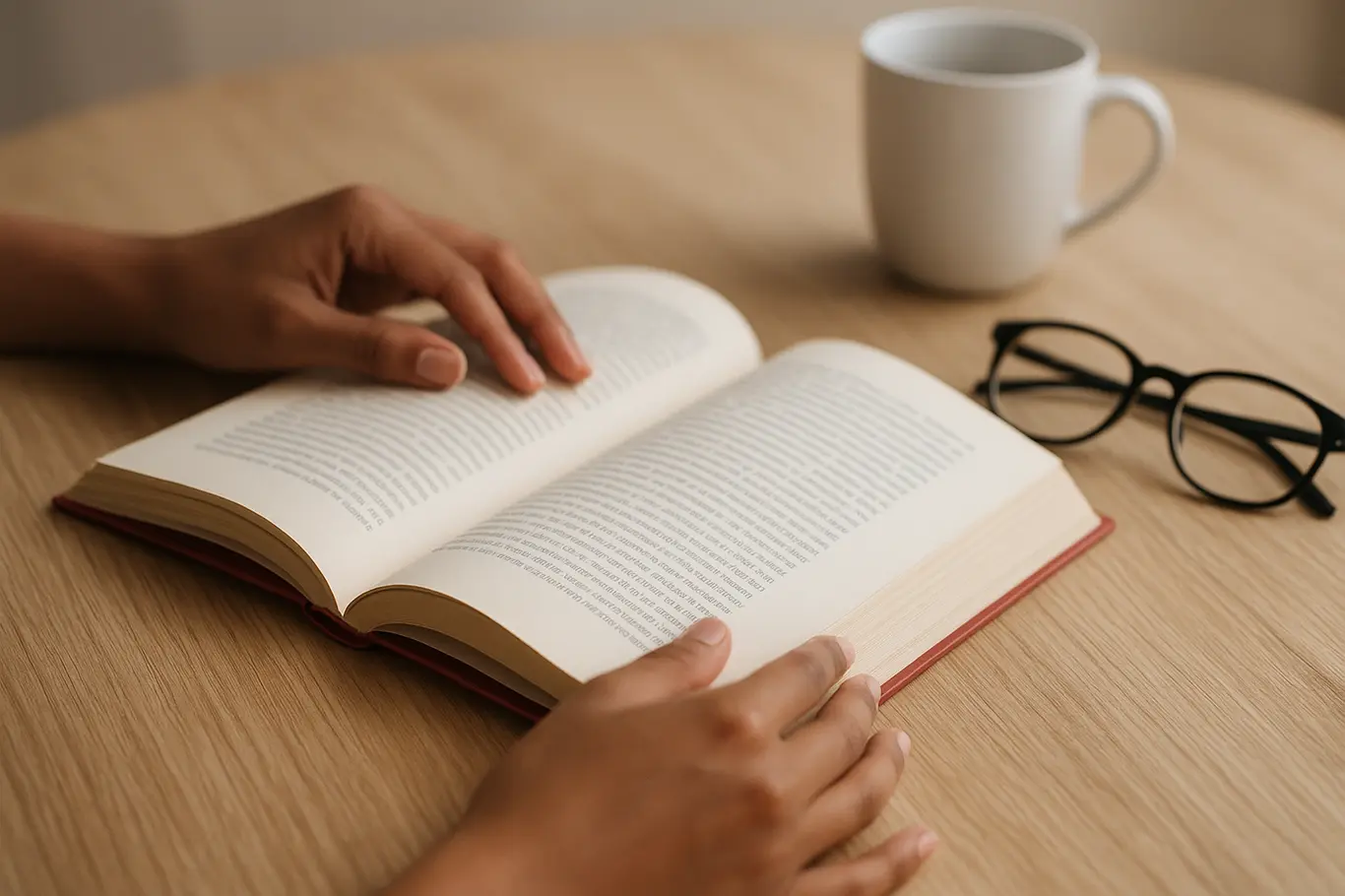 Livro aberto com mãos virando página e óculos ao lado