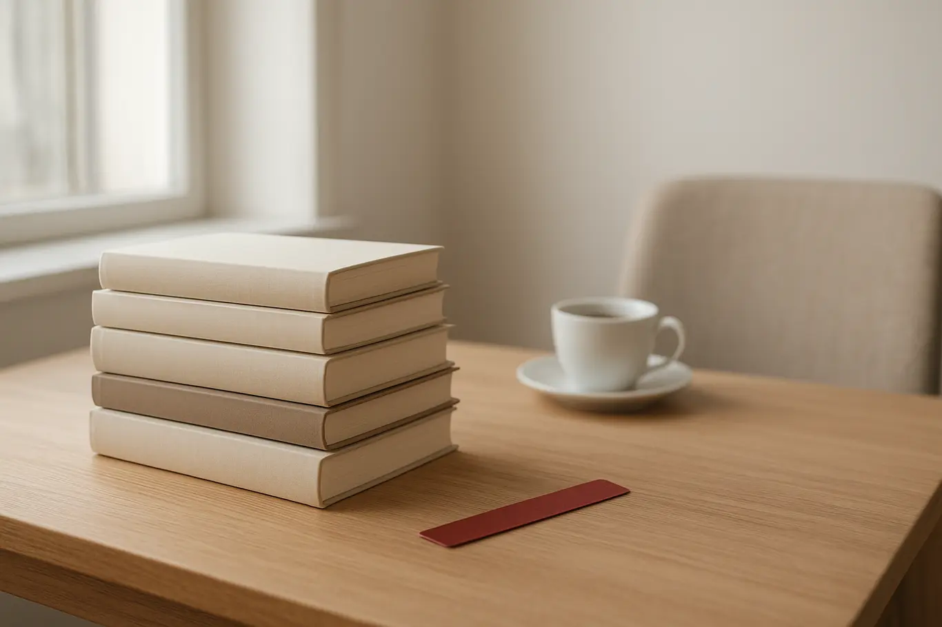 Cantinho de leitura com pilha de livros, xícara de café e marcador vermelho, vista ampla