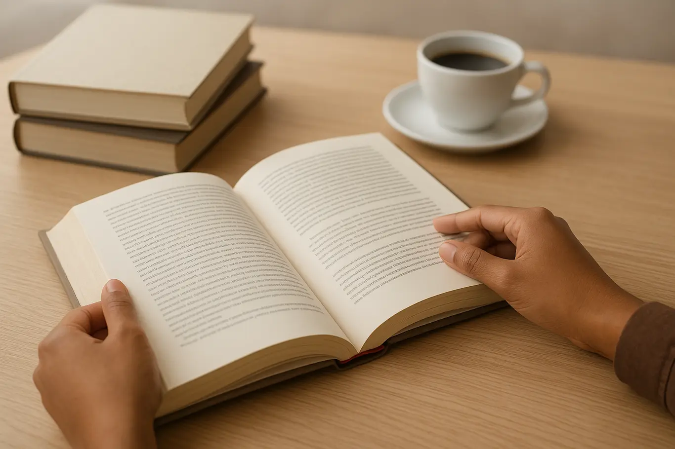 Mãos folheando um livro aberto sobre mesa com pilha de livros e xícara ao fundo