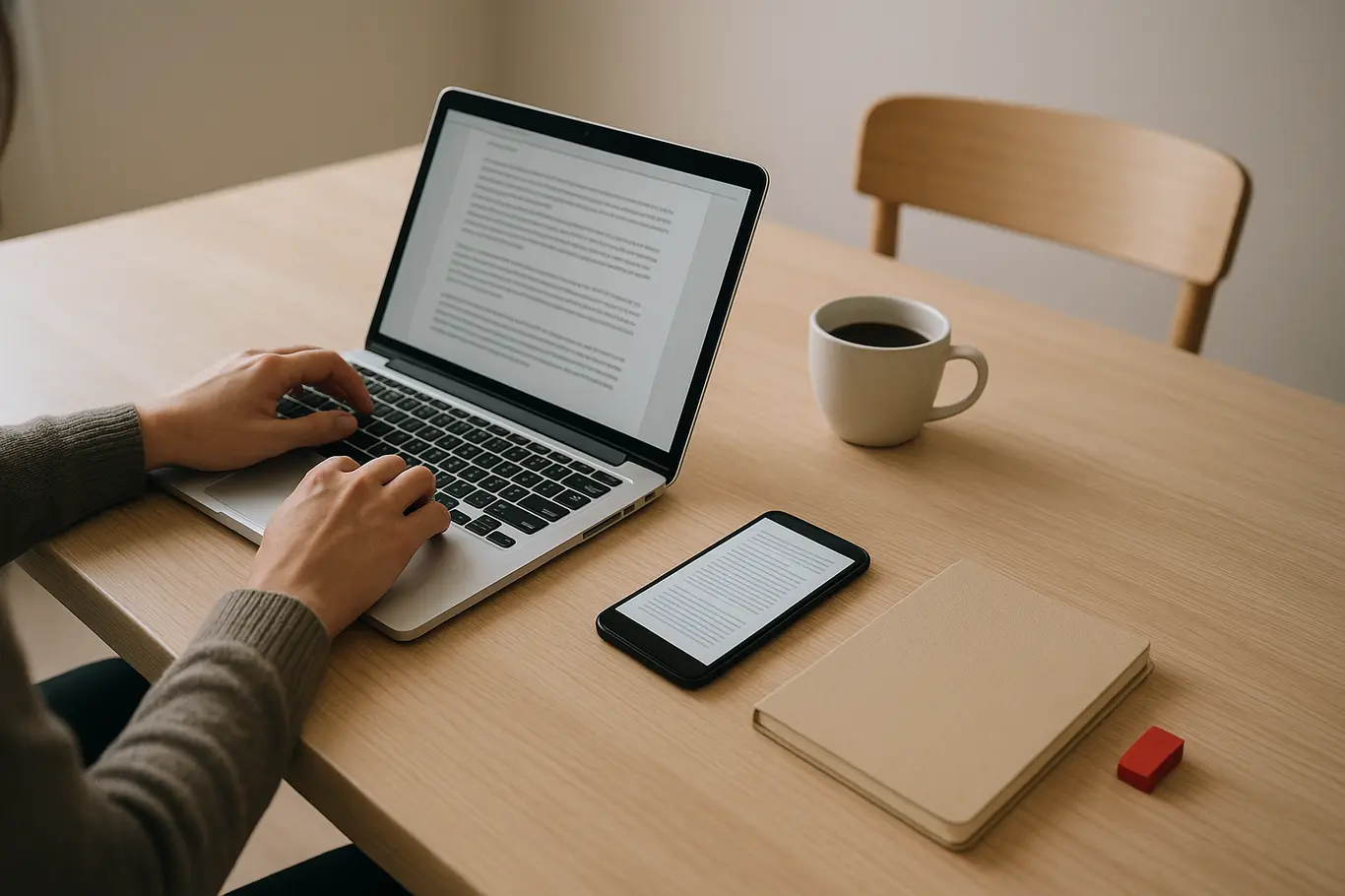 Workspace aberto com notebook e smartphone mostrando documentos genéricos, ambiente organizado.