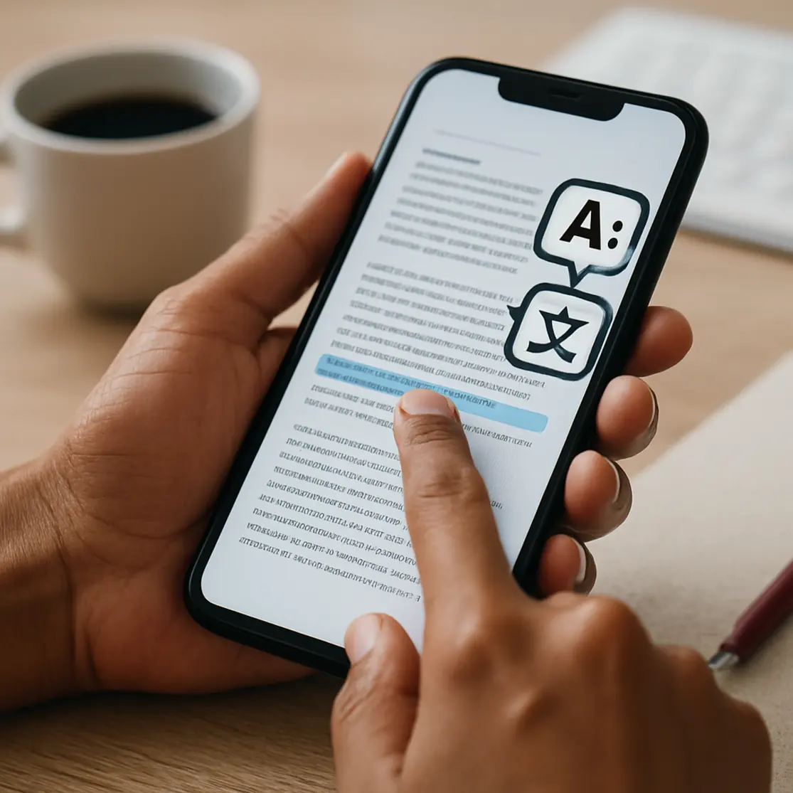 Close-up de mãos brasileiras selecionando texto em PDF no smartphone, ação de tradução.