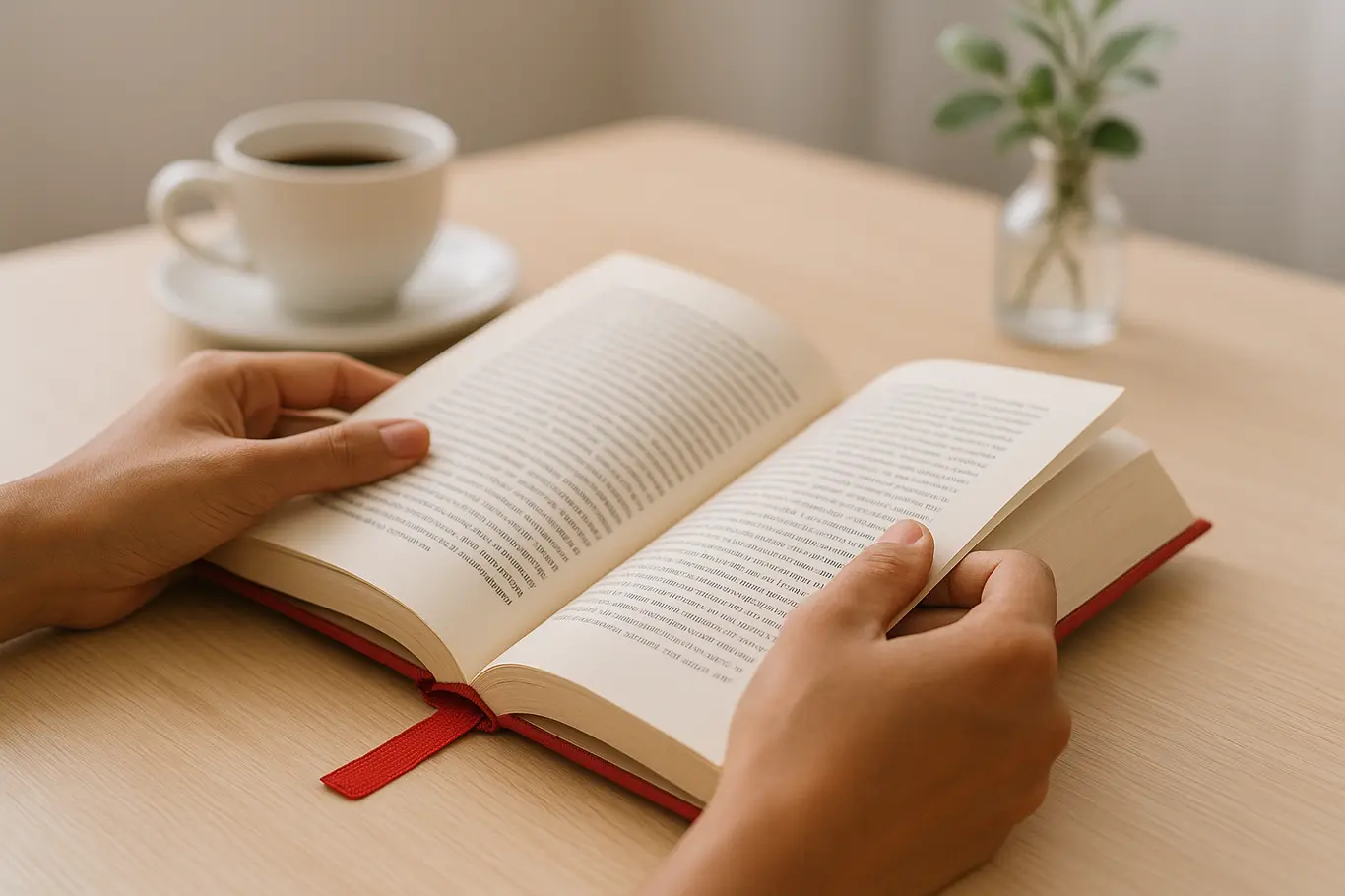 Mãos virando páginas de livro com marcador vermelho e xícara ao fundo