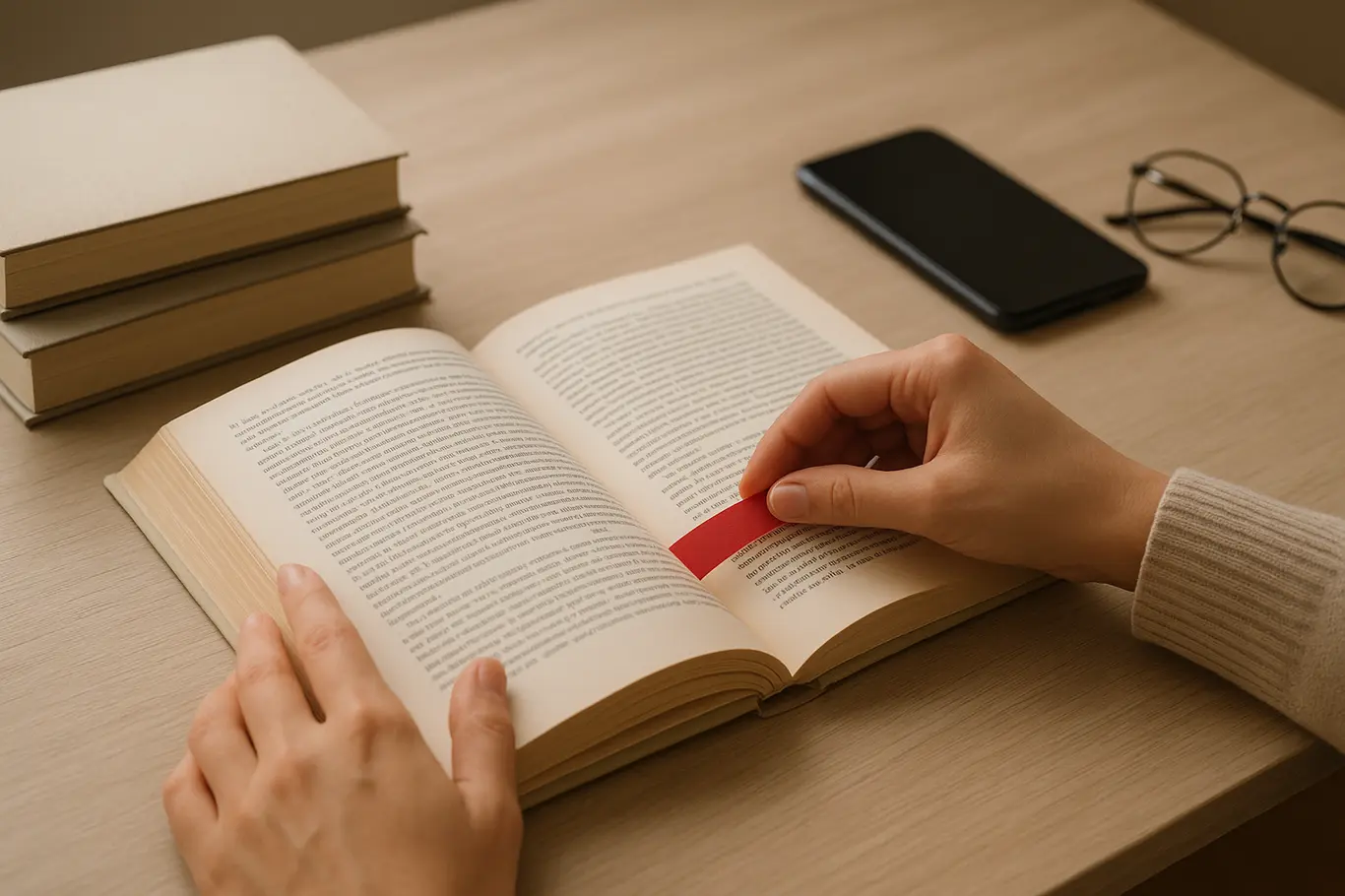 Mãos inserindo marcador vermelho em livro aberto sobre mesa com pilha de livros