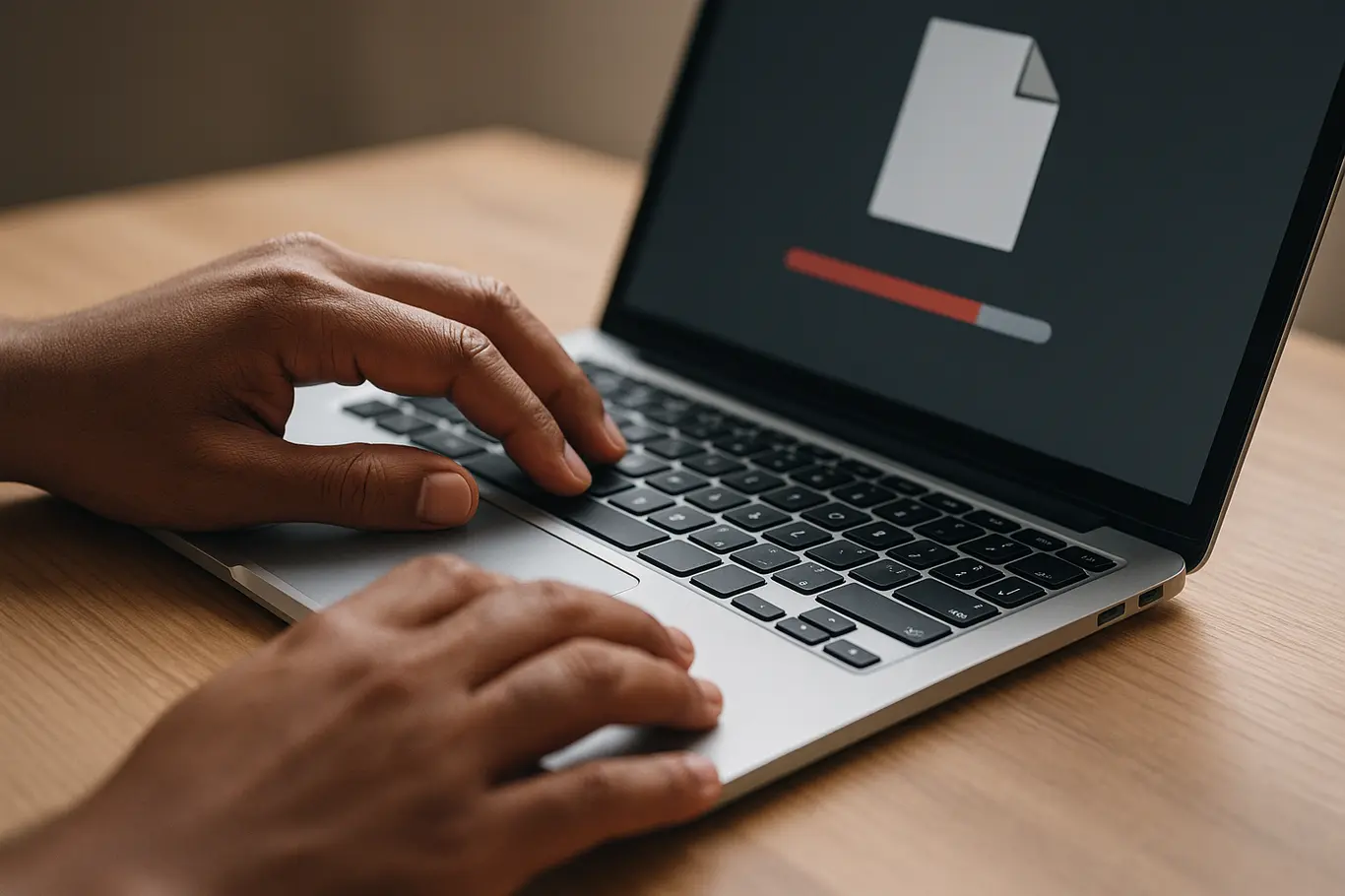 Close-up das mãos no teclado com pré-visualização genérica de documento na tela