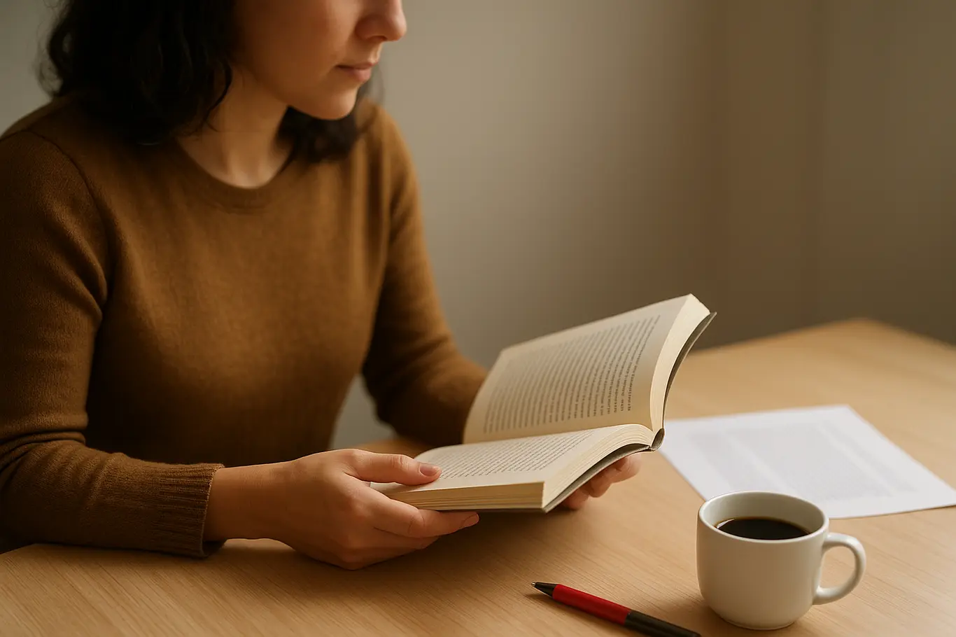 Pessoa segurando livro aberto em mesa de madeira clara com folha impressa desfocada e xícara de café