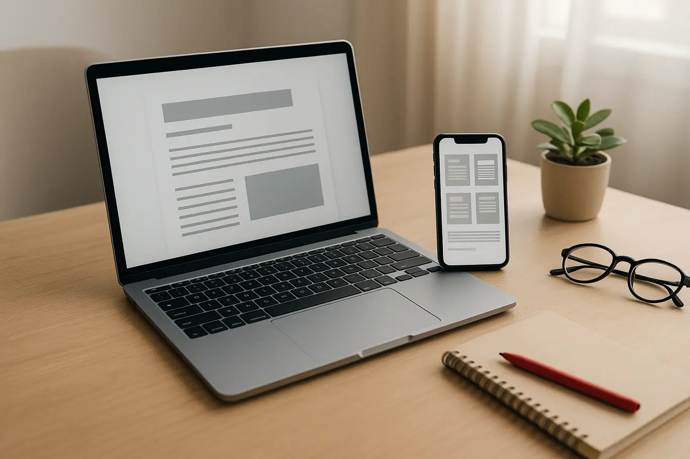 Mesa com notebook e smartphone mostrando documentos PDF genéricos em ambiente de escritório doméstico
