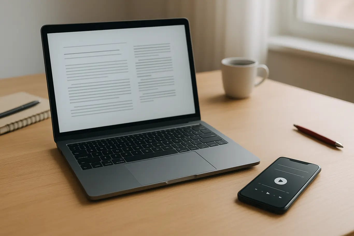 Workspace com notebook exibindo PDF genérico e smartphone com controle de áudio sobre mesa clara