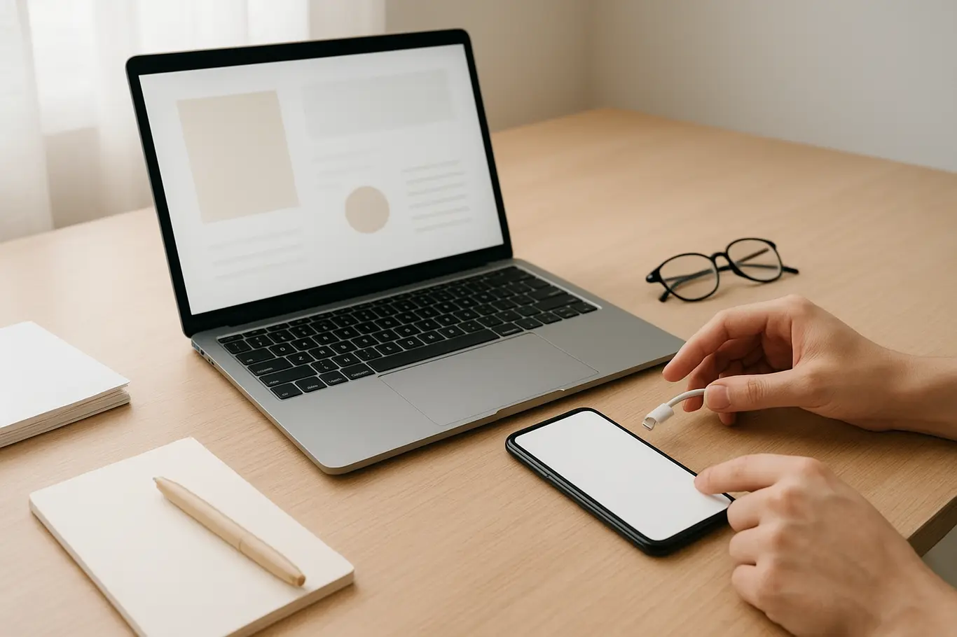 Workspace aberto com notebook e smartphone sobre mesa de madeira clara, objetos organizados ao redor