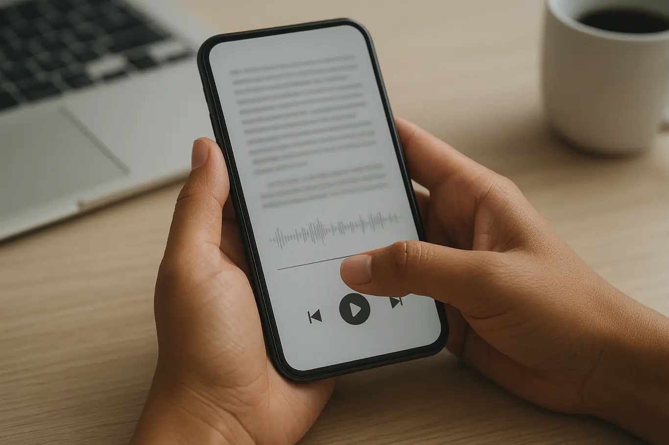 Close-up das mãos brasileiras tocando a tela de um celular com documento PDF desfocado e controle de reprodução minimal