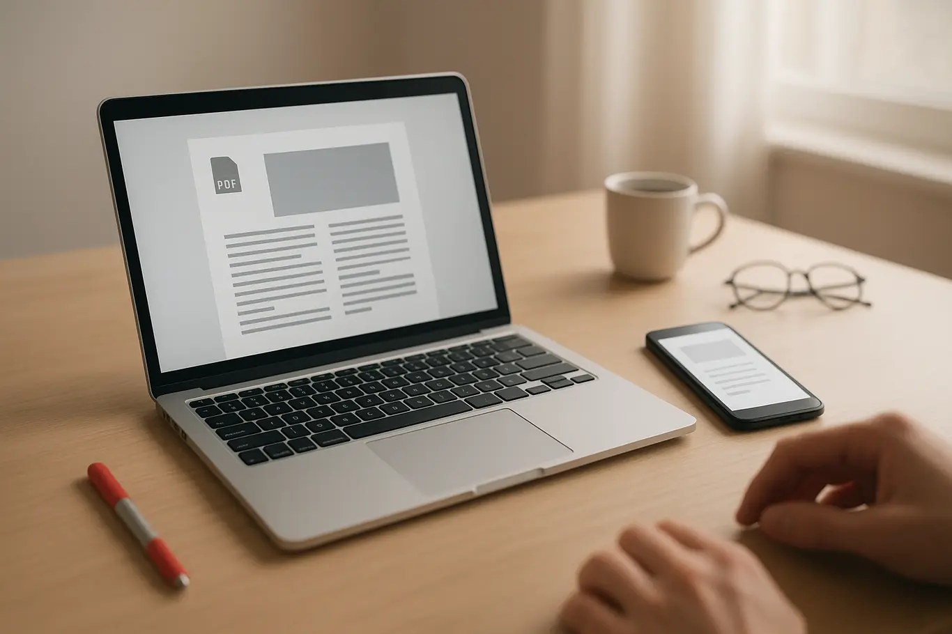 Workspace com notebook e smartphone exibindo visualizações genéricas de PDF e resumo