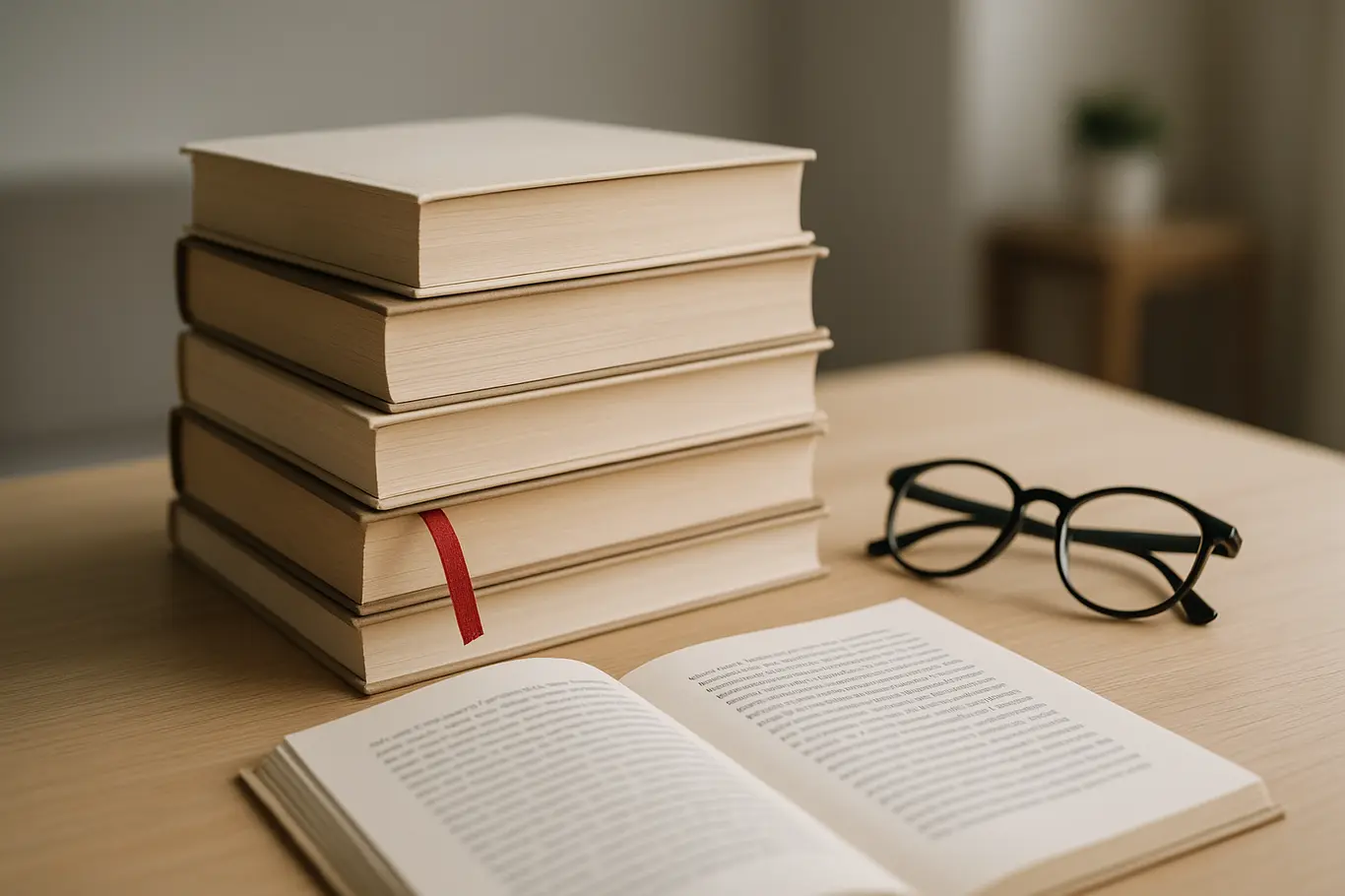 Pilha de livros sobre mesa de madeira com marcador e óculos, página impressa neutra ao lado
