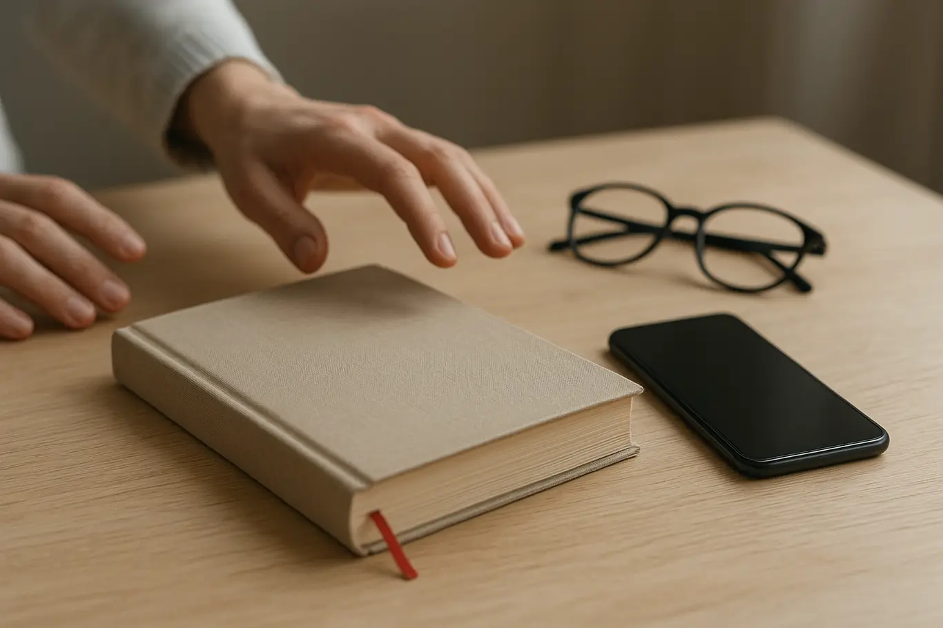 Mesa organizada com livro fechado, smartphone com tela apagada e óculos, mãos ao alcance