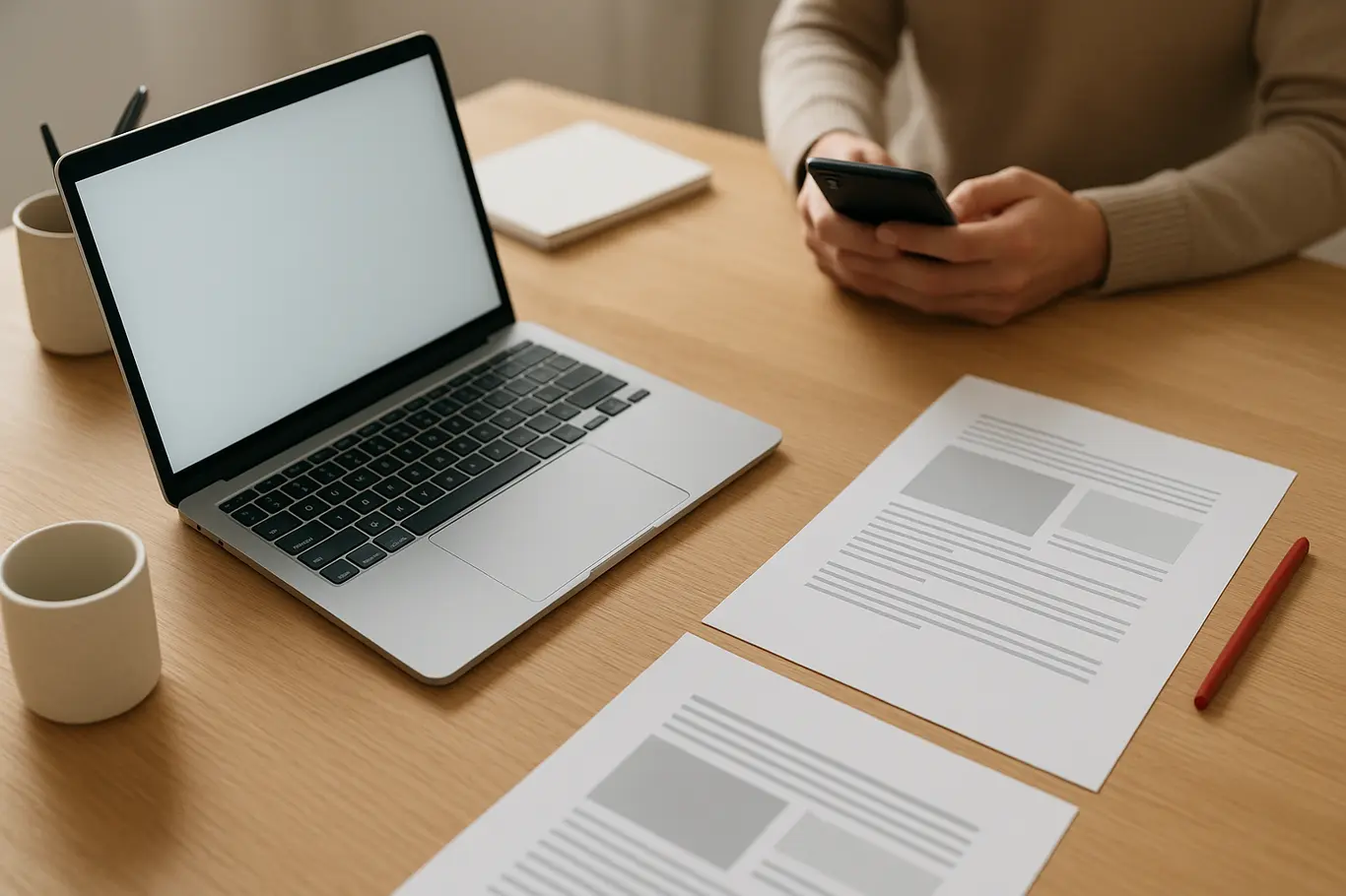 Workspace aberto com notebook, smartphone e folhas desfocadas em mesa de madeira clara