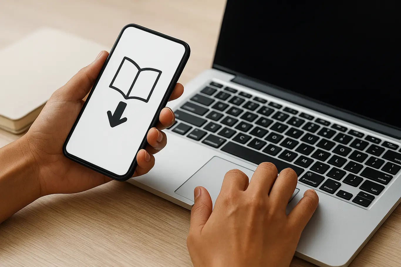Close-up de mãos brasileiras no teclado e smartphone mostrando miniatura de e-book com ícone genérico de download