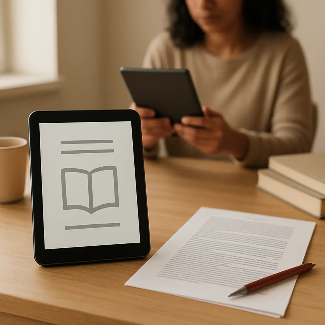 Plano aberto de workspace com tablet mostrando e-book genérico, páginas impressas em PDF e pessoa em segundo plano