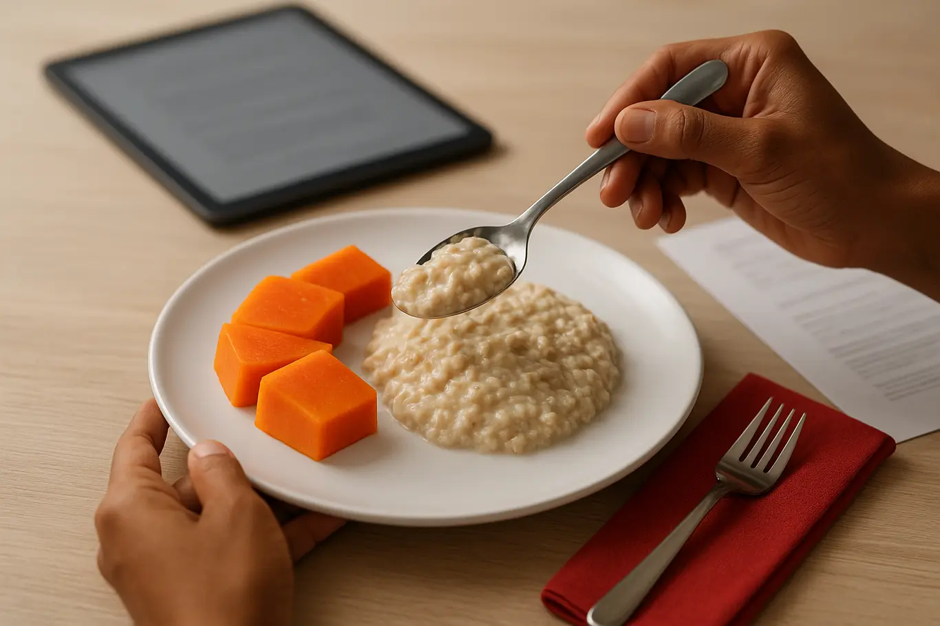 Close-up de mãos servindo papaya e mingau de aveia com tablet borrado ao fundo