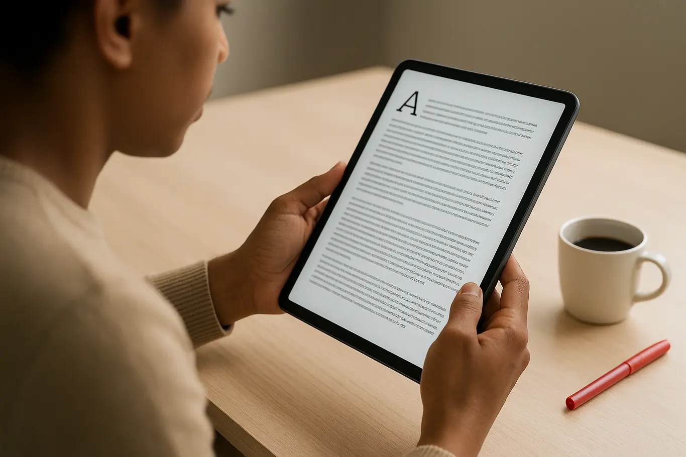 Pessoa de perfil lendo PDF genérico em tablet sobre mesa clara, ambiente editorial